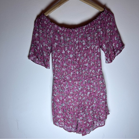 Aeropostale Pink/Plum Floral Printed Romper - Off-Shoulder, Shorts with Flowers - Picture 5 of 7